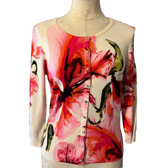 WHBM Womens Cardigan Sweater Black Pink Tan Green S Small Stretch - Picture 1 of 5